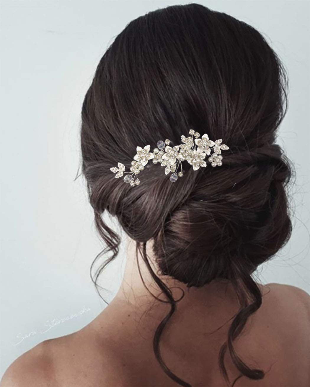 Unicra Bride Wedding Hair Comb Silver Flower Hair Accessories Pearl Bridal Headpiece for Women and Girls