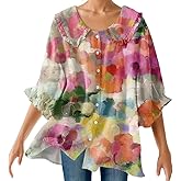 Womens Casual Boho Floral Print Button Up Lapel Doll Collar Shirt Summer Ruffle Half Sleeve Loose Plus Size Blouse Top