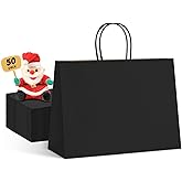 METRONIC Gift Bags with Handles,16x6x12 Inch Recyclable Black Paper Bag 50 Pack, Kraft Shopping for Business Grocery (Bulk)
