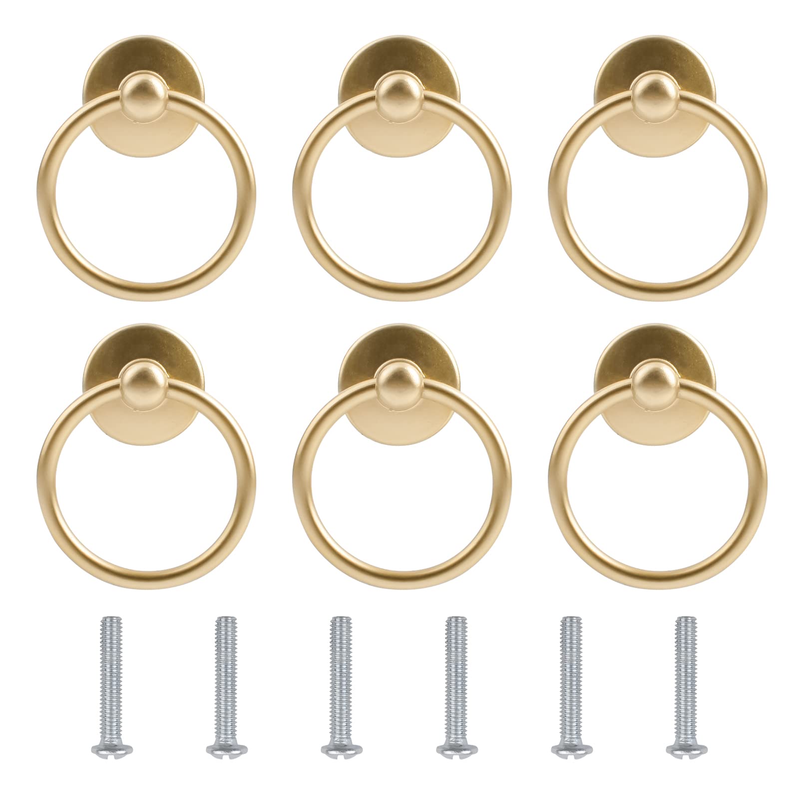 UFURMATE Drawer Pulls Rings, 6Pcs Zinc Alloy Pulls Ring Knobs Metal Ring Pull Handle Single Hole Furniture Cabinet Ring Pulls with Screws for Drawer, Cupboard (Gold) — image 1