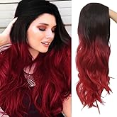 Swiking Long Red Wavy Curly Wigs for Women Ombre Red Synthetic Hair Dark Roots Hair Wigs Women Wig Cosplay Halloween Party Daily Use