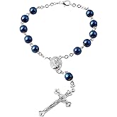 Luomu Hematite Beads Auto Rosary, Car Rosary One Decade Catholic Rosary with Clasp, with Terra Jerusalem Medal Centerpiece and Crucifix Medal Hang on Mirror Rearview (Blue)