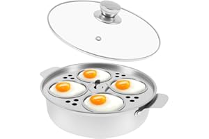 Egg Poacher Pan, Nonstick Poached Egg Maker with 4 Cups and Glass Lid Stainless Steel Eggs Poaching Pan Induction Cooktop Egg