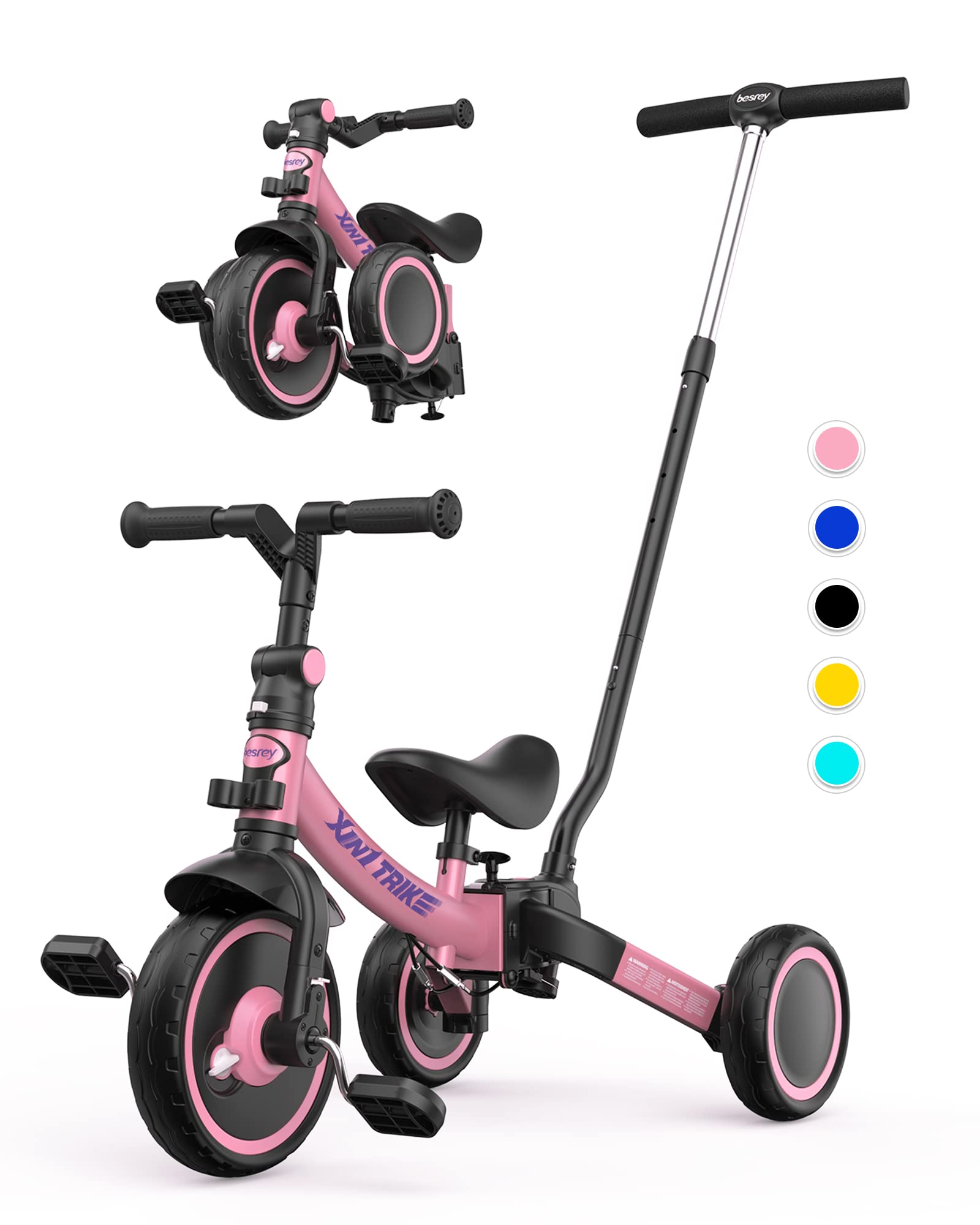 besrey 5-in-1 Toddler Tricycle with 5-Height Parent Steering Push Handle for 1-5 Years Old, Foldable Kids Trike, Bike with Wheel Clutch, Larger Wheels, Removable Pedals, Height Adjustable Seat, Pink