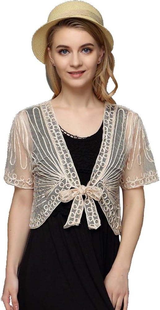 JJT Womens Open Front Shrug Short Lace Jacquard Bolero Shrug/ Crochet Women Small Off-white
