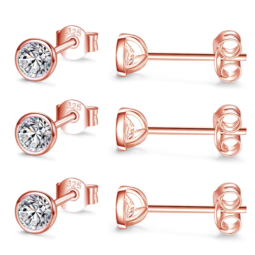 CERSLIMO Silver Stud Earrings for Women Men Girls, 3 Pairs Sterling Silver Tiny Round Stud Earrings Small Dainty Cartilage Tragus Cubic Zirconia Earrings Set (4mm, Rose Gold)