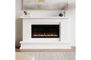 Modern Ember Patton White Mantel Package 64" W x 42" H with 42 Inch Electric Fireplace - 5 Flame Colors, 10 Ember Bed Colors, Log Kit & Crystal Embers | Alexa/WiFi Enabled