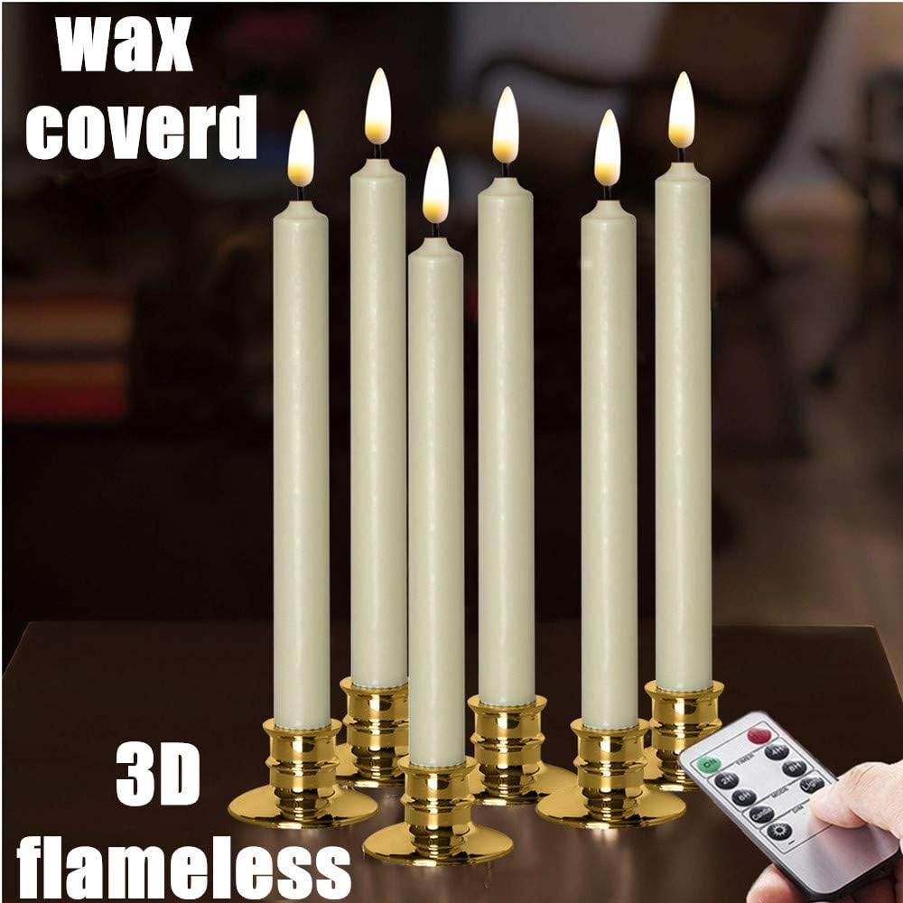 NONNO&ZGF Flameless Ivory Taper Window Candles with Removable Golden Candleholders with Remote and Timer, 10" Flickering Battery Operated Wax-Dipped LED Candles Set of 6: Home Improvement