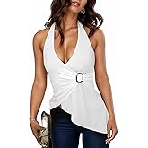DIKGROP Halter Tops for Women Asymmetrical V Neck Halter Backless Top Sleeveless Wrap Top Y2K Going Out Sexy Tops