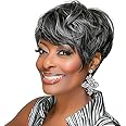 MOONSHOW Short Grey Wigs for Black Women Grey Pixie Cut Wig Synthetic Short Side Part Pixie HairCut Wigs with Bangs for Old Women Gray Straight Pixie Wig