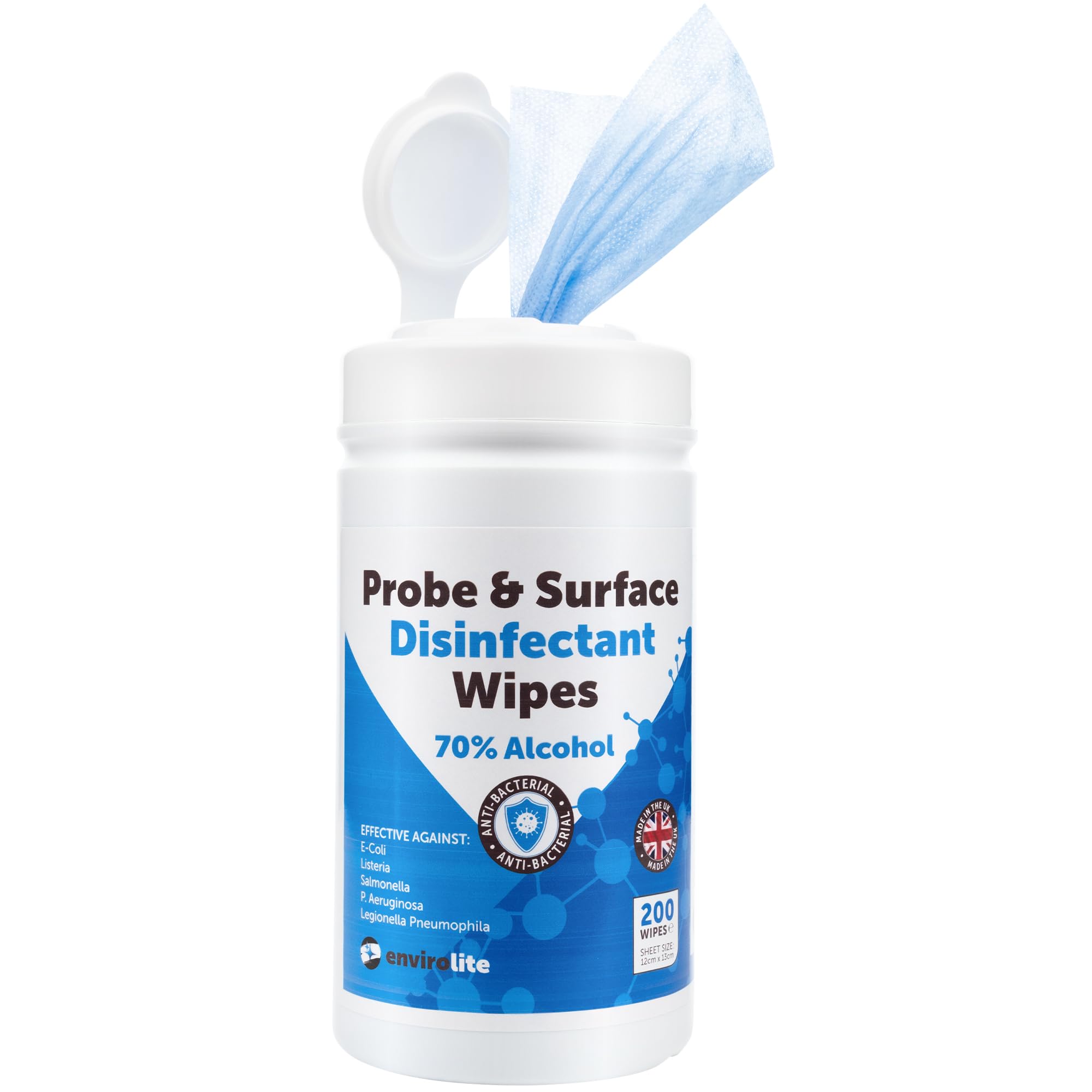 Antibacterial Wipes - 1 x Tub of 200 Alcohol Wipes for Cleaning Surfaces and Kitchen Food Probes – Disinfectant Sterile Probe Wipes Food Safe