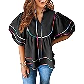RANTART Womens Summer Babydoll Blouse Flowy V Neck Short Sleeve Top Loose Pleated Beach Shirt