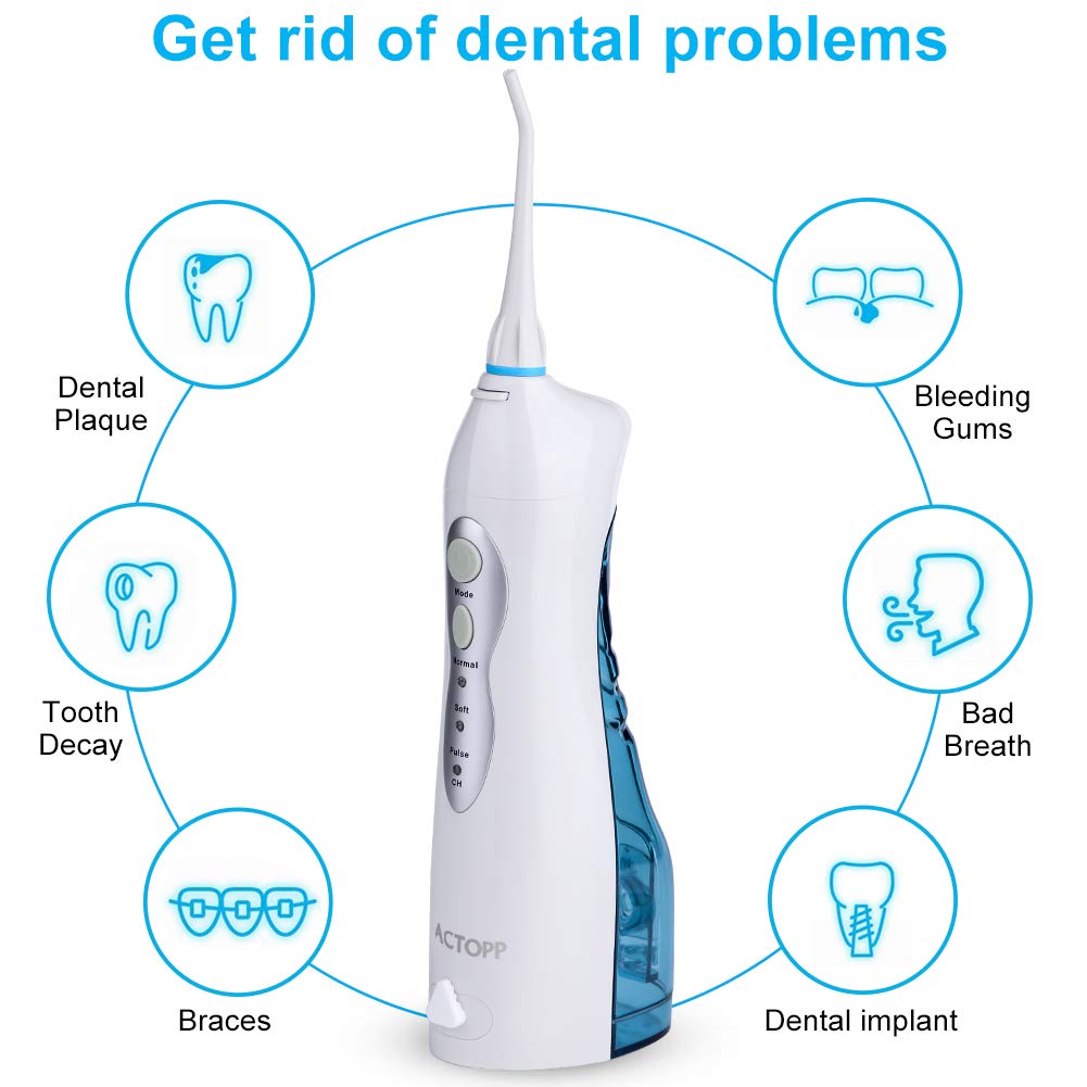 ACTOPP Portable Water Dental Flosser Waterproof Oral Irrigator 3 Modes 160ml Water Tank with 3 Jet Tips Rechargeable Cordless Water Flosser Ideal for Kids Adults Braces in Home and Travel
