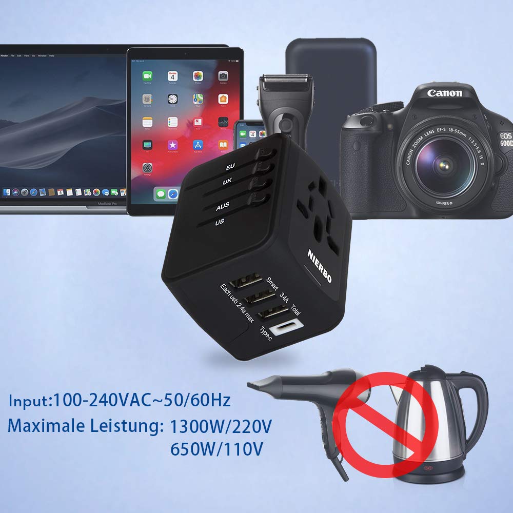 Adaptateur de Voyage Universel, NIERBO Voyage International Chargeur Convertisseur 3 Ports USB + 1 Type C pour US UK AUS EU FR IT