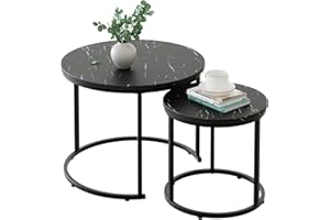 aboxoo Round Nesting Coffee Table Side Table Set of 2 End Tables for Living Room Bedroom Balcony,Black Faux Marble Wooden Table 23.6IN Accent Large Coffee Table with Steel Frame