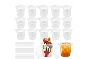 15 PCS Plastic Rum Buckets for Drinks, 32 oz Reusable Cocktail Buckets with Lids and Straws, 950 ml Large Smoothie Ice Cream 