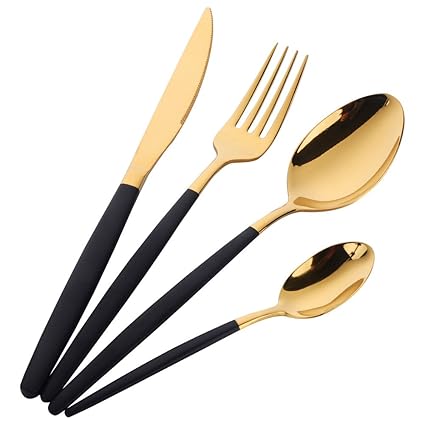 Bisda 4 Piezas Oro de Inoxidable Cubiertos Set Manejar Negro Juego de Cena Servicio de para