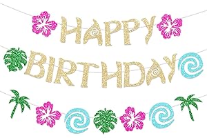 FHGG Hawaiian Moana Birthday Banner Party Decoration Glittery Gold for Happy Birthday Tropical Luau Summer Baby Shower Decor