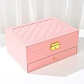 GUOER Jewelry Organizer Box for Women - Large PU Leather Jewelry Organizer Storage Case with Two Layers Display for Earrings Bracelets Rings Watches (Pink)