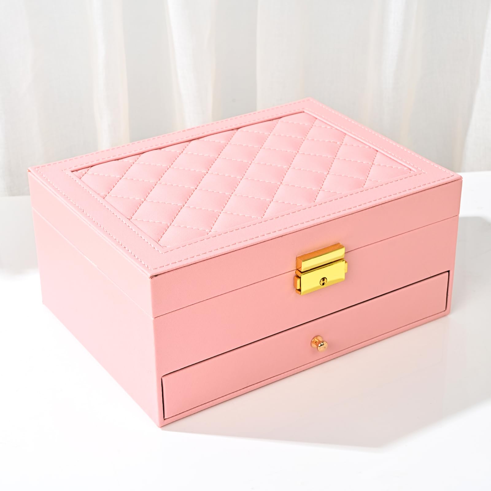 Photo 1 of GUOER Jewelry Organizer Box for Women - Large PU Leather Jewelry Organizer Storage Case with Two Layers Display for Earrings Bracelets Rings Watches (Pink)