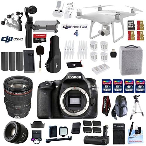 Professional Photographer / Videographer Kit - DJI Phantom 4 + OSMO 4K Starter Kit + Canon 80D DSLR + Canon 24-105mm L USM (Glass Element) Lens + Canon 50mm 1.8 STM Fixed Zoom Video / Portrait Lens
