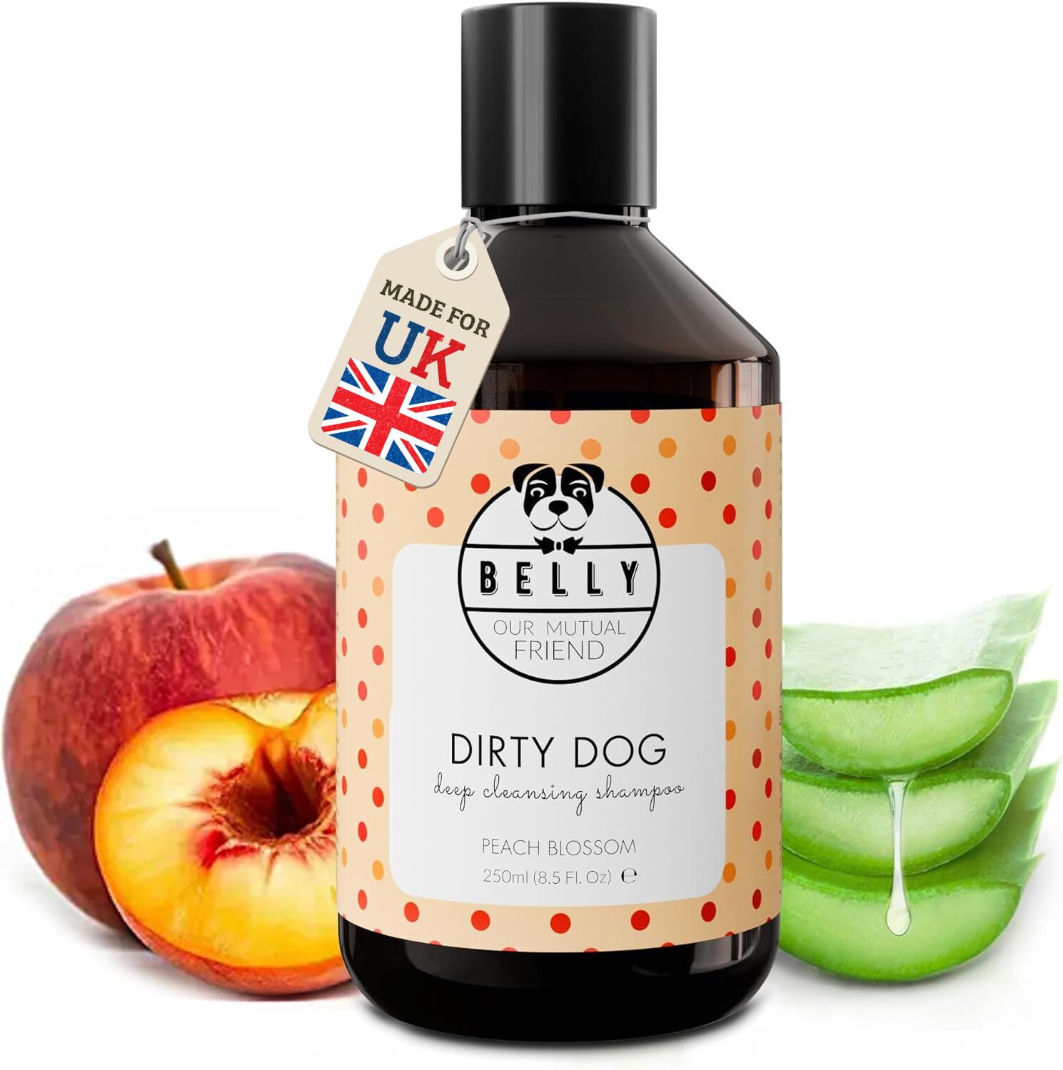 Belly Organic Dog Shampoo for Sensitive Skin 250ml - Gentle Dog Wash with Jojoba Beats, Aloe Vera & Chamomile, Puppy Safe from 8 Weeks, pH Balanced, Light Peach Scent, For Dry & Delicate Coats