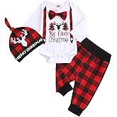 bilison My First Christmas Outfit Infant Baby Boy Christmas Romper Red Plaid Pants with Merry Christmas Hat Clothing Sets
