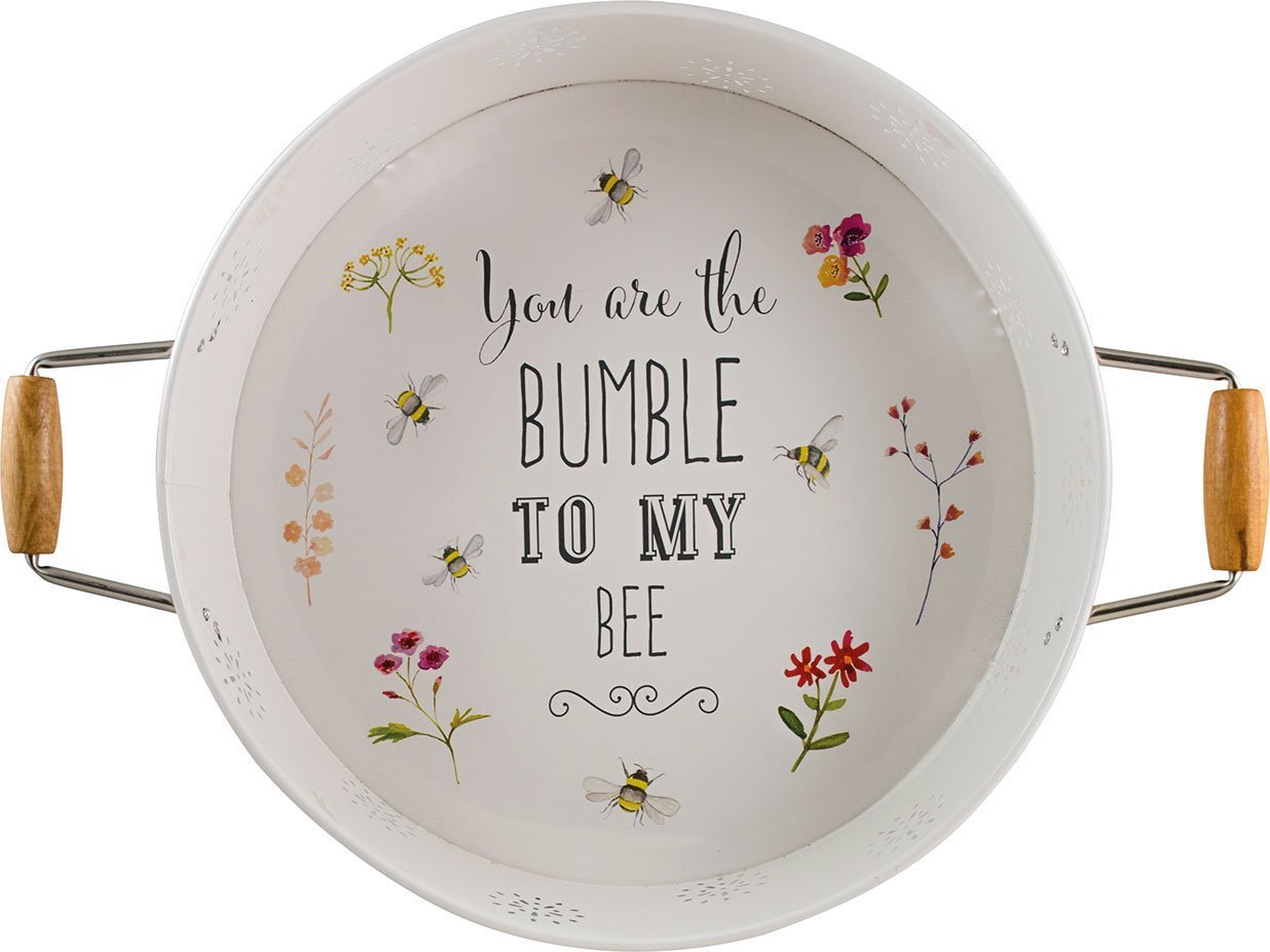 English Tableware Co. Bee Happy Round Enamel Steel Deep Serving Tray with Wooden Handles