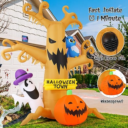 GOOSH 8 FT Halloween Inflatables Outdoor Dead Tree with Ghost, Pumpkin and Owl, Blow Up Yard Decoration with LED Lights Built-in for Holiday/Party/Yard/Garden