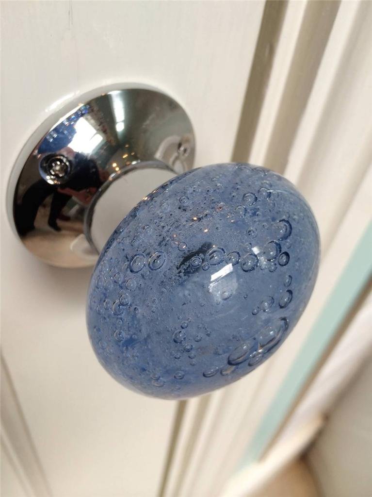 Beautiful Pair of Large Blue Contemporary/Retro Round Smooth Bubble Glass Chrome Mortice Door Knobs/Handles