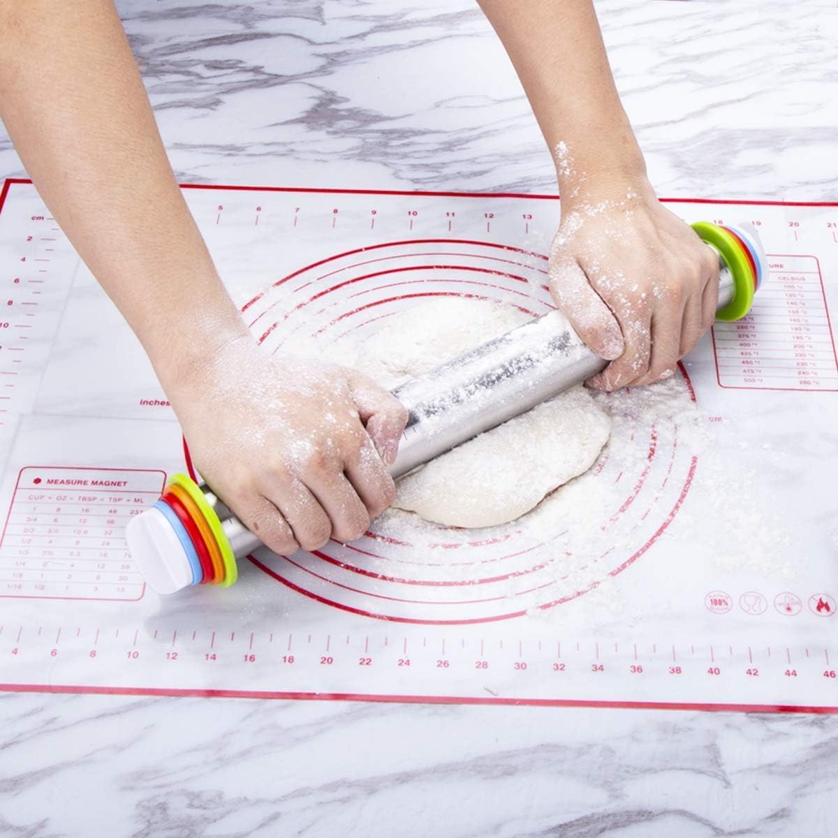 Rolling Pin and Pastry Baking Mat Set, Rolling Pins with Adjustable Thickness Rings, Stainless Steel Dough Roller for Baking Fondant, Pizza, Pie, Pastry, Pasta, Cookies (Red Mat): Kitchen & Dining