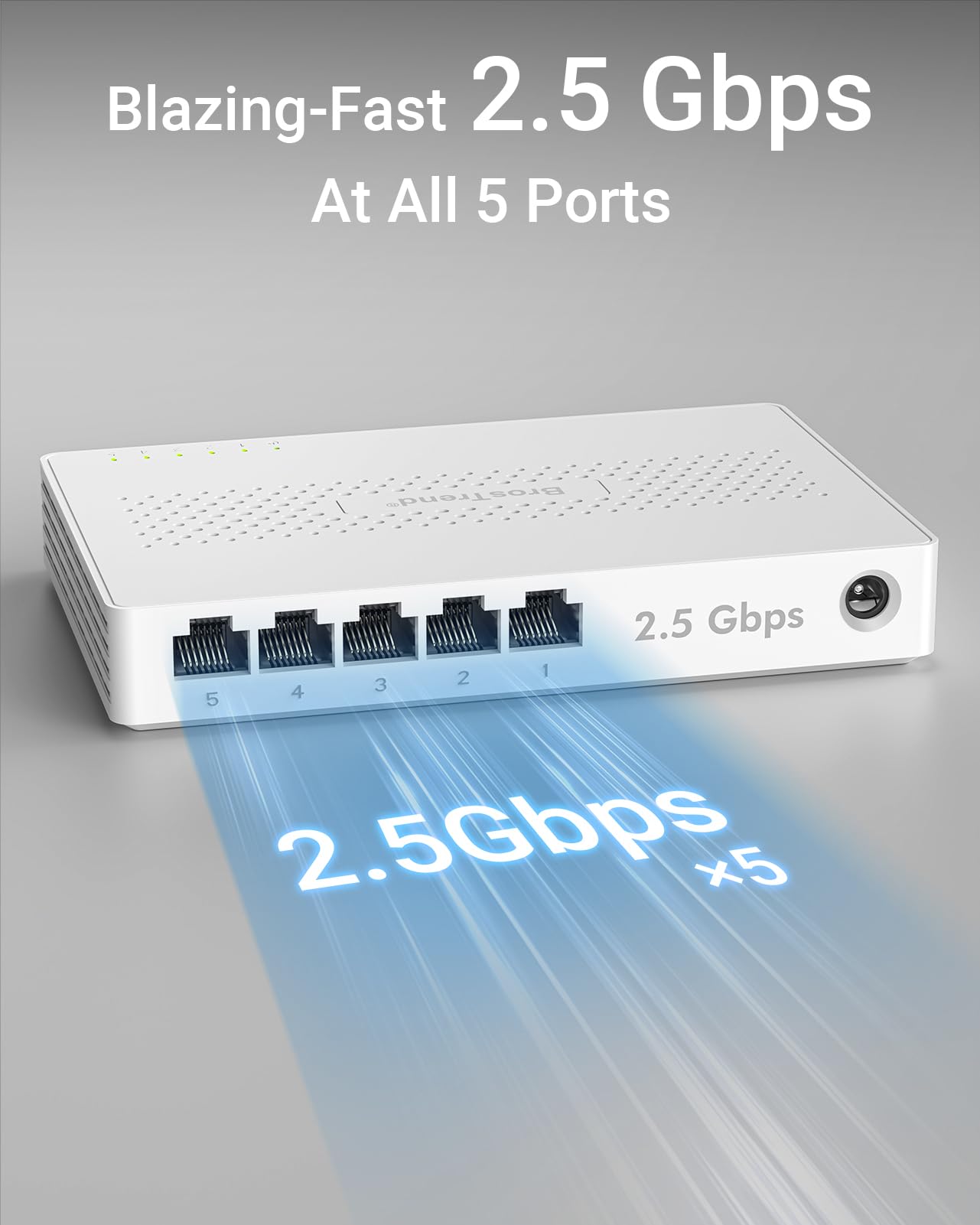 BrosTrend 5-Ports 2.5G LAN Switch, 2.5 Gbit/s Unmanaged Ethernet Netzwerk Switch für Gaming-PC NAS Server, Gigabit Switch LAN Splitter (Plug-and-Play, Lüfterlos, Desktop/Wandmontage, Lifetime-Schutz) 2