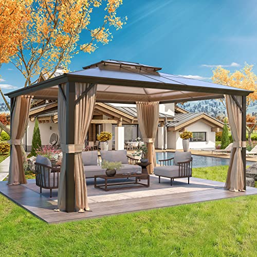 Hoteel 10x12 Hardtop Gazebo, Outdoor Steel Double Polycarbonate Roof Canopy, Aluminum Frame Permanent Pavilion Curtains Netting Metal Pergolas Sunshade