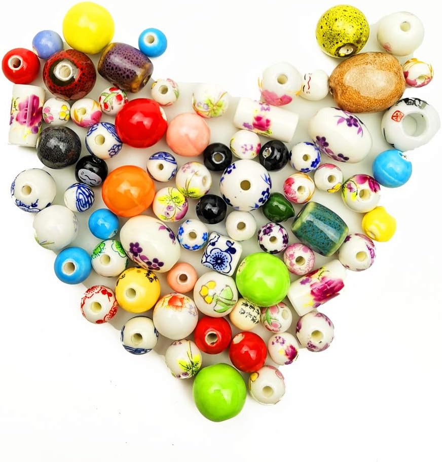 Hyamass 100 Grams (Approx 60-80pcs) Assorted(Color&Style) Traditional Chinese Handmade Porcelain Flower Round Beads Exquisite Decal Spacer Beads