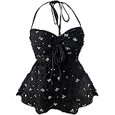 Milumia Women's Bow Print Drawstring Halter Top Backless Ruffle Hem Sexy Camisole Peplum Tops
