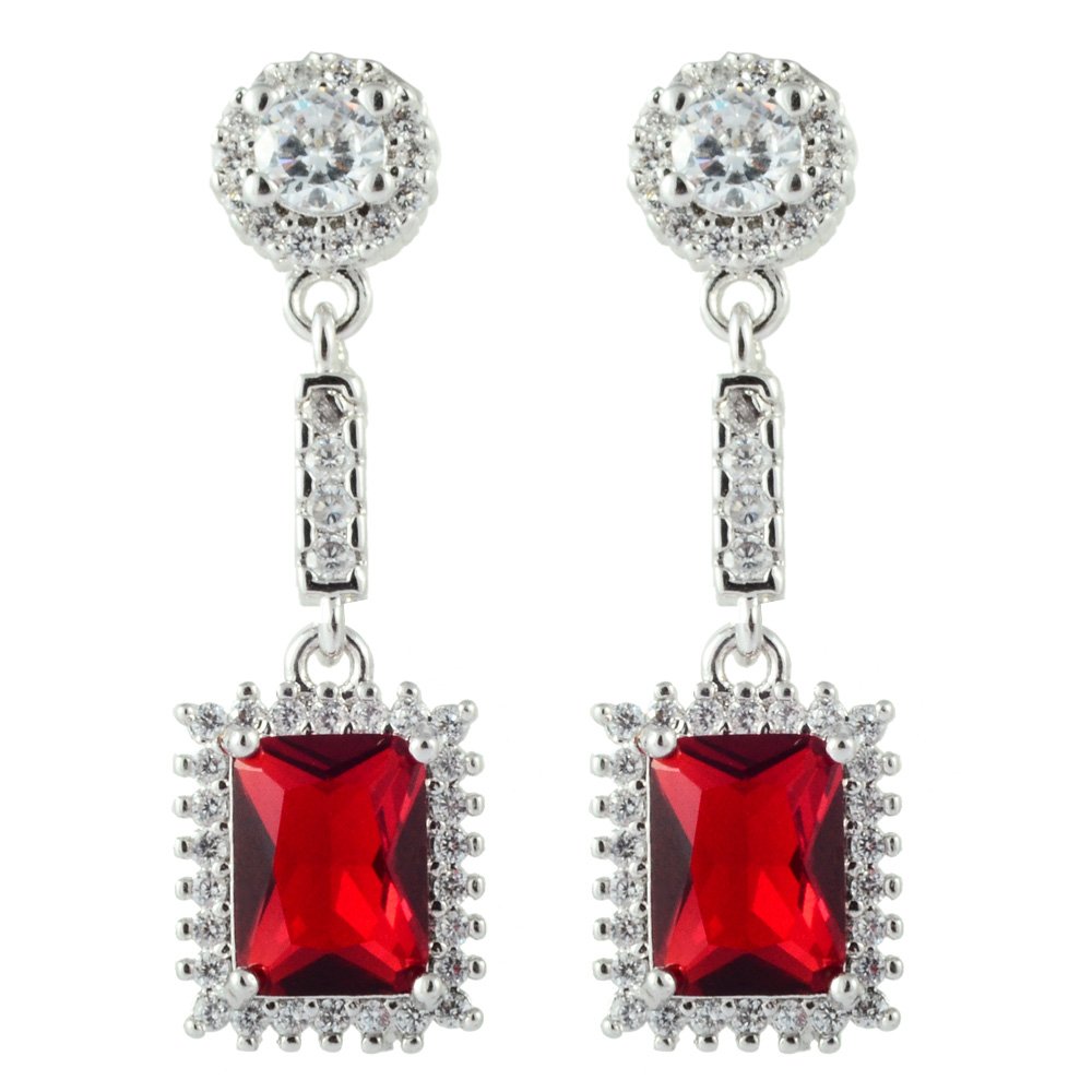 RIZILIA Drop Pierced Earrings with Rectangular Cut Gemstones CZ [Red Ruby] in 18K White Gold Plated, Simple Modern Elegance