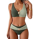 Eomenie Bikini Sets for Women Color Block Two Piece Bathing Suit V Neck Tie Back Swimsuit