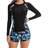 YUNAR Women Long Sleeve Sun Protection Rash Guard 2 Pieces Swimsuit Set Wetsuit Swim Shirts with Built in Bra