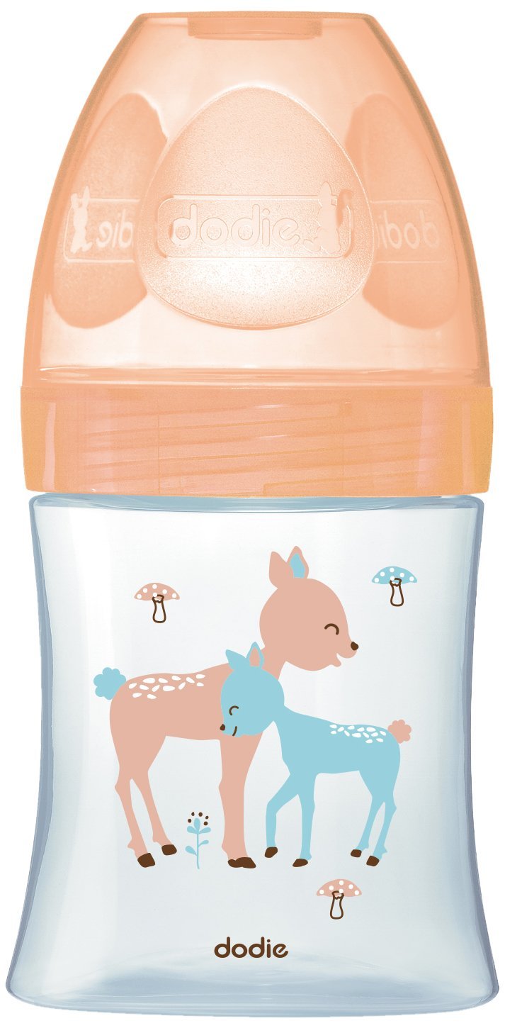 Dodie Antikolik Sensation+ Glass Baby Bottle, Beige, Deer Cow, 150 ml, 0-6 Months, Flat Teat, River 1