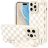 Lovmooful Compatible for iPhone 14 Pro Case Cute Checkerboard Lattice Plaid Design with Wrist Strap for Girls Women Soft TPU Shockproof Protective Girly for iPhone 14 Pro Case-White