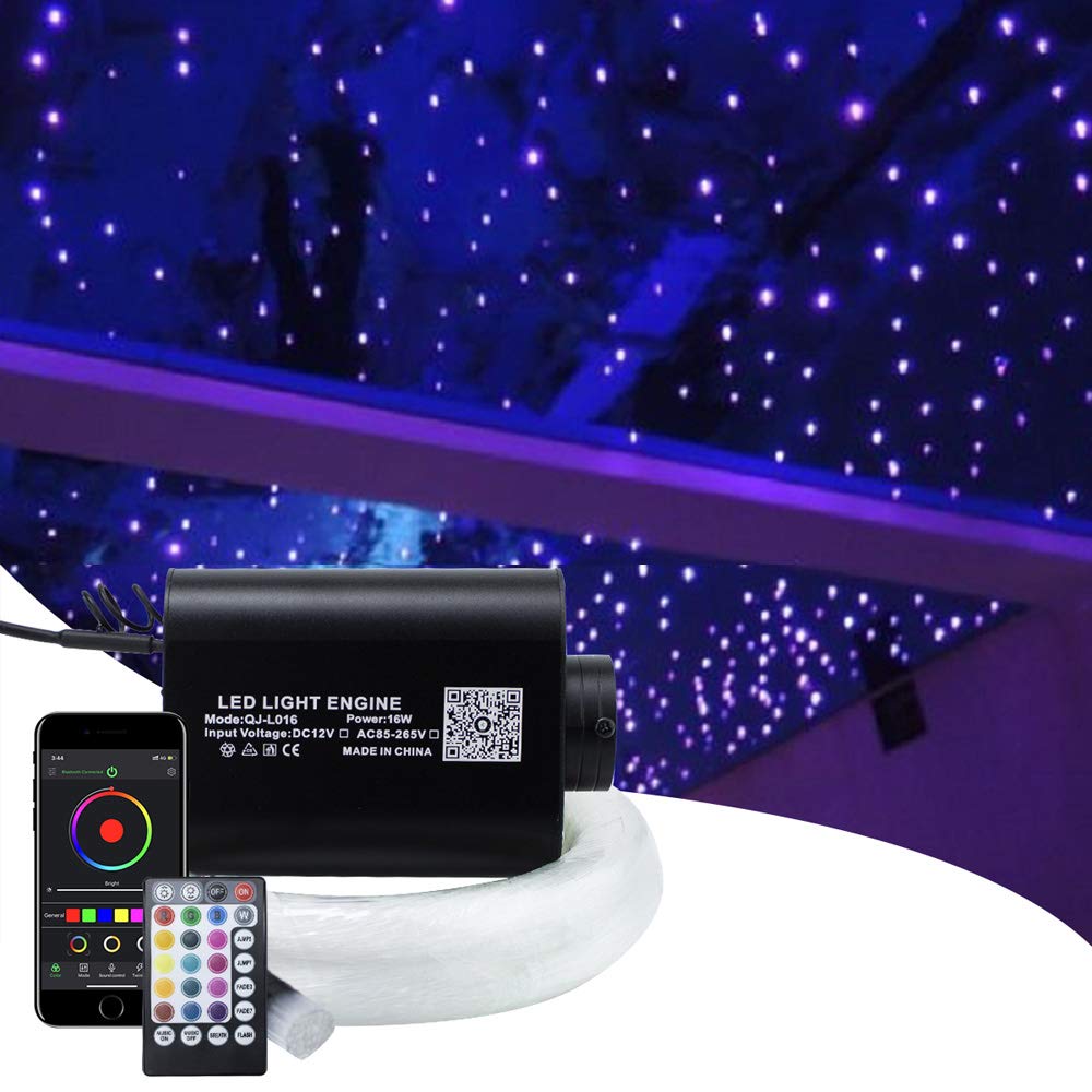 Latest Kingmaled Car Home APP Sound Activated 16W Fiber Optic Star Ceiling Light Kit Make Your Car Full of Romantic and Rhythm, RGBW Bluetooth Light Engine+28Keys Remote +Fibers[550pcs*4m*0.75mm]