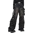 Hugboom Baggy Cargo Pants for Men Women Wide Leg Jeans Y2k Hip Hop High Waisted Pants Casual Streetwear Grunge Clothes Black
