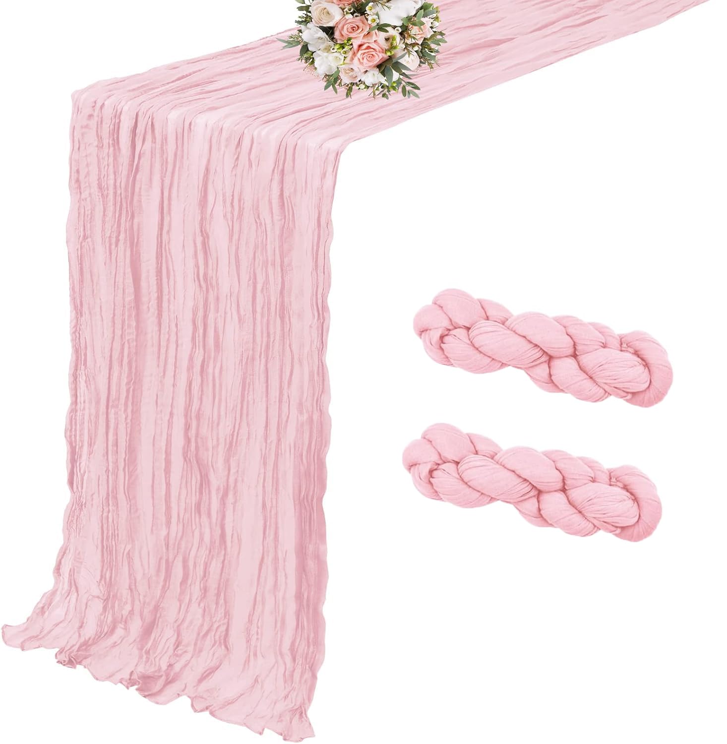 Photo 1 of 2 Pack Light Pink Cheesecloth Table Runner, 35x120 Inches 10FT Boho Gauze Fabric Table Runner, Cheese Cloth Table Runners for Baby Shower Wedding Party Bridal Table Decor