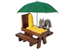 VASGOR Squirrel Feeder Table with Umbrella, Wooden Squirrel Picnic Table, Durable, Corn Cob, Solid Structure and 2 x Thick Benches, Stable, 8.3 x 7 x 8 Inches (1)