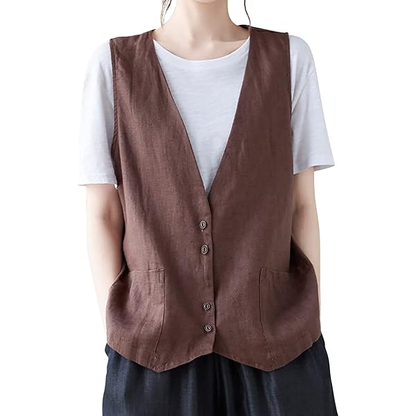 COTECRAM Womens Vest Cotton Linen Sleeveless Button Down Top Vests