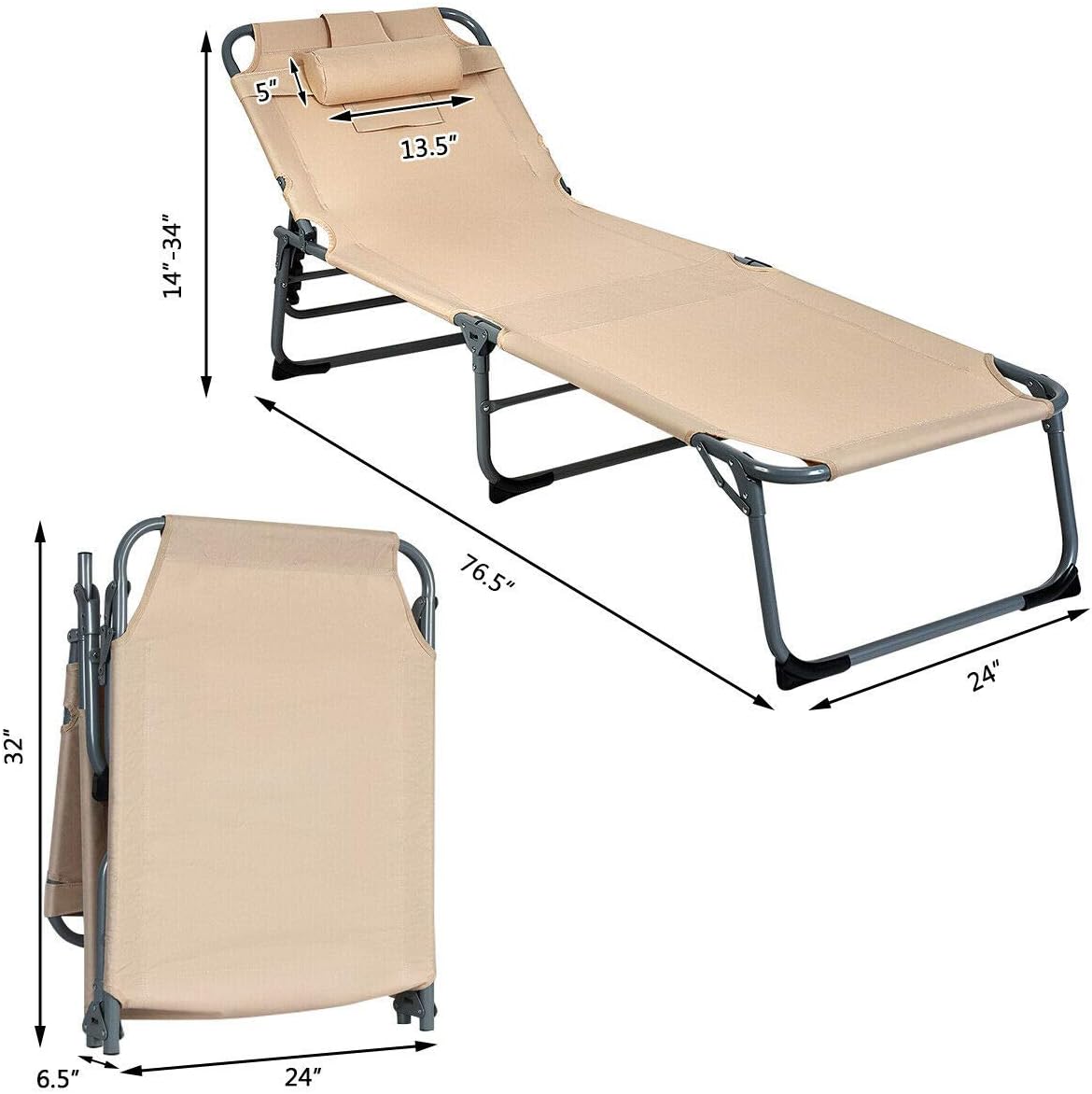 GYMAX Beach Chaise Lounge, Adjustabel Folding Sunbathing Recliner with Face Hole & Removable Pillow, Portable Folding Cot for Beach Patio Backyard (1, Sand): Garden & Outdoor