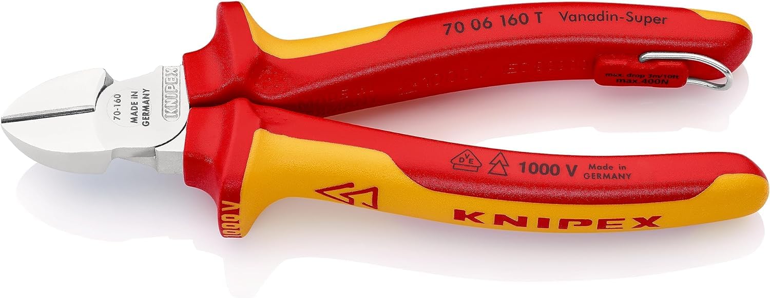 KNIPEX Diagonal Cutter Chrome-Plated Insulated with Multi-Component Grips, VDE-Tested with Integrated Insulated Tether Attachment Point, 70 06 160 T
