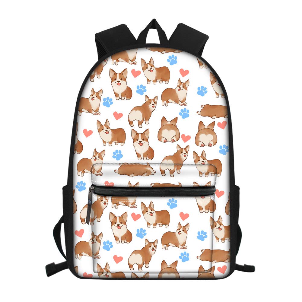 Showudesigns Casual School Bag for Middle School Girls Corgi Heart Print Kids Backpack 15.6 inch Dog Teenager Student Shoulder Travel Daypack White