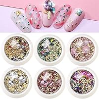 Macute Nail Charms Gems 3D Nail Art Rhinestones Studs for Women 6 Wheels Mixed Nail Crystals Rivets Diamond Sparkle Metal Hollow Moon Star Shaped Jewels Beads for DIY Manicure Supplies Tip Accessories