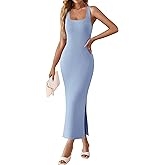 ZESICA Womens 2026 Summer Casual Square Neck Bodycon Midi Dresses Spring Sleeveless Side Slit Knit Beach Vacation Long Dress